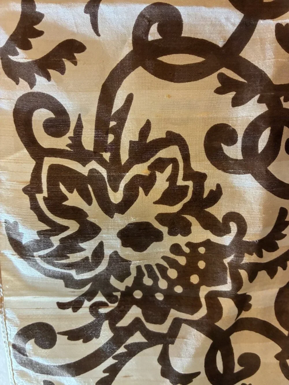 Ivory and Brown Silk Rectangular Scarf - Damask Print - Victorian, Dark Academia